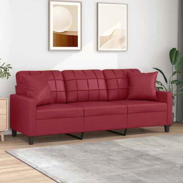 ARDEBO.de - 3-Sitzer-Sofa mit Zierkissen Weinrot 180 cm Kunstleder