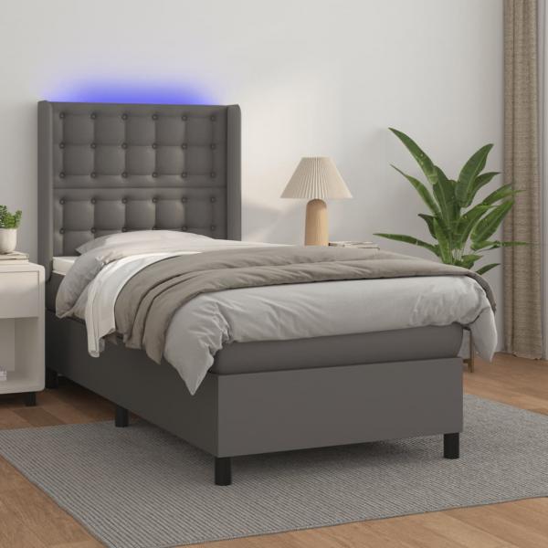 ARDEBO.de - Boxspringbett mit Matratze & LED Grau 100x200 cm Kunstleder