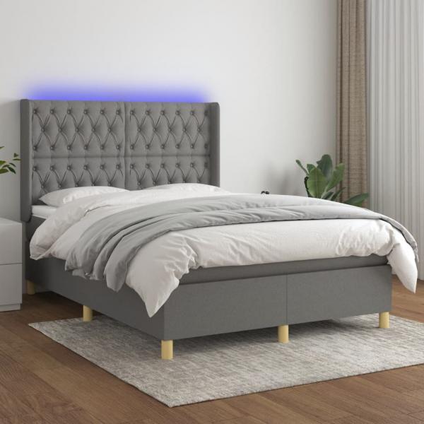 ARDEBO.de - Boxspringbett mit Matratze & LED Dunkelgrau 140x200 cm Stoff