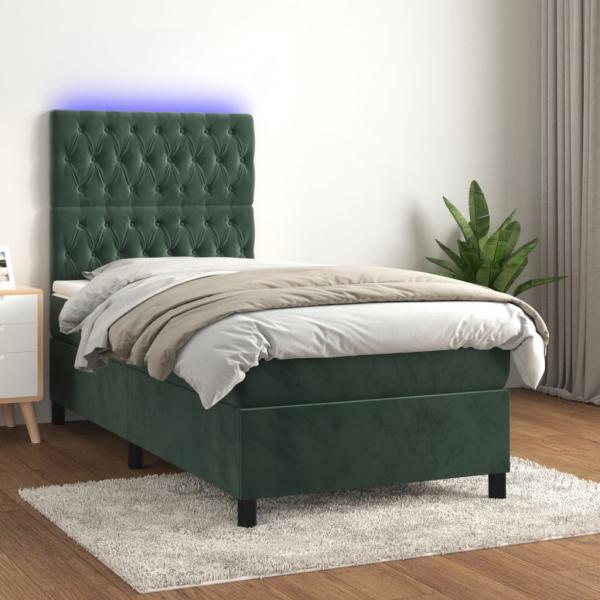 ARDEBO.de - Boxspringbett mit Matratze & LED Dunkelgrün 90x200 cm Samt