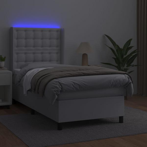 Boxspringbett mit Matratze & LED Weiß 90x190 cm Kunstleder