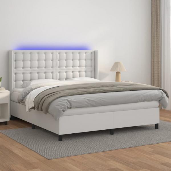 ARDEBO.de - Boxspringbett mit Matratze & LED Weiß 180x200 cm Kunstleder