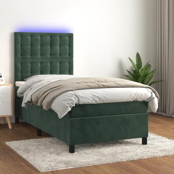 ARDEBO.de - Boxspringbett mit Matratze & LED Dunkelgrün 100x200 cm Samt