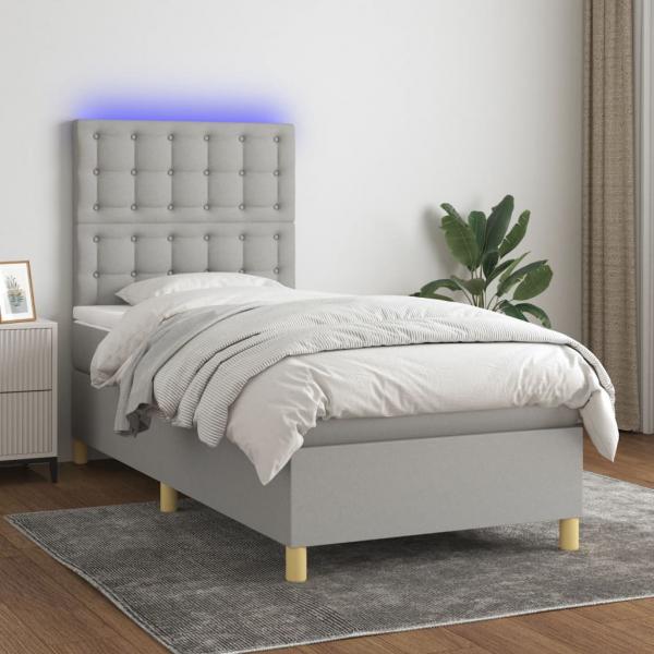 ARDEBO.de - Boxspringbett mit Matratze & LED Hellgrau 100x200 cm Stoff