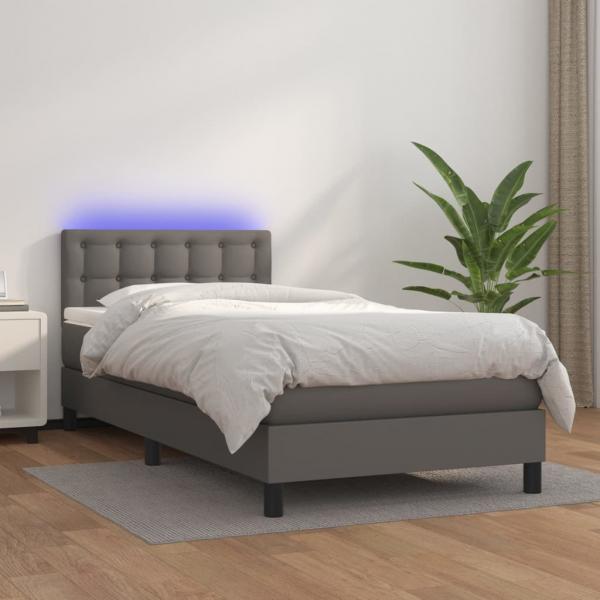 ARDEBO.de - Boxspringbett mit Matratze & LED Grau 90x200 cm Kunstleder