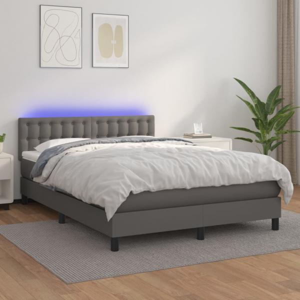 ARDEBO.de - Boxspringbett mit Matratze & LED Grau 140x190 cm Kunstleder