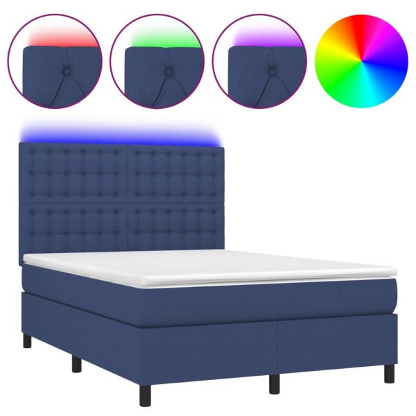 Boxspringbett mit Matratze & LED Blau 140x190 cm Stoff