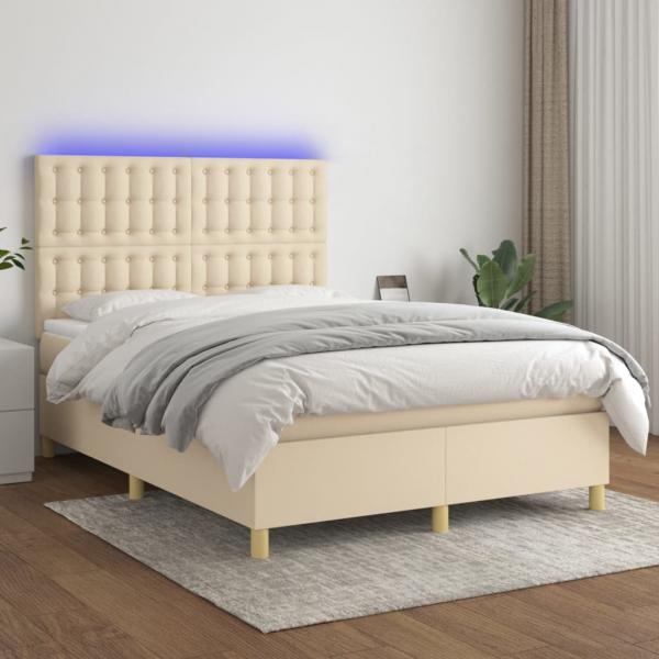 ARDEBO.de - Boxspringbett mit Matratze & LED Creme 140x200 cm Stoff