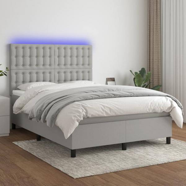 ARDEBO.de - Boxspringbett mit Matratze & LED Hellgrau 140x200 cm Stoff