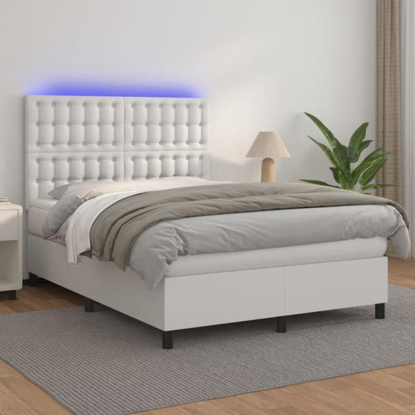 ARDEBO.de - Boxspringbett mit Matratze & LED Weiß 140x190 cm Kunstleder