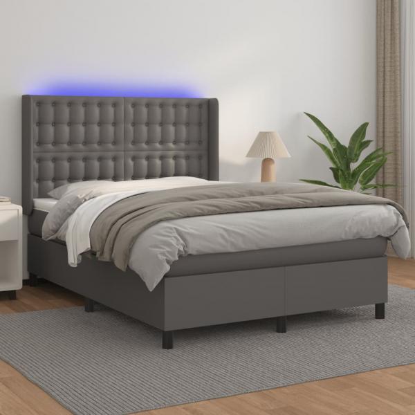 ARDEBO.de - Boxspringbett mit Matratze & LED Grau 140x190 cm Kunstleder