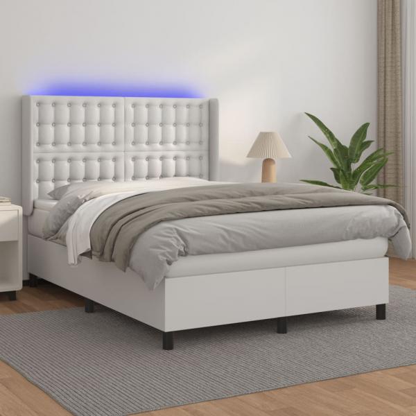 ARDEBO.de - Boxspringbett mit Matratze & LED Weiß 140x190 cm Kunstleder