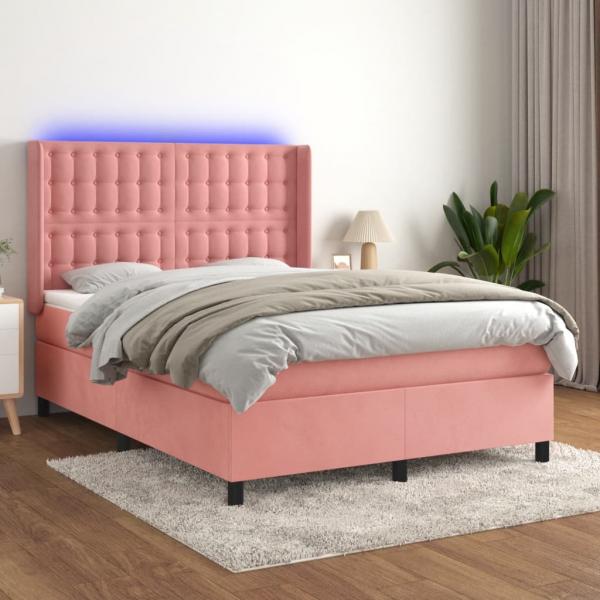 ARDEBO.de - Boxspringbett mit Matratze & LED Rosa 140x200 cm Samt