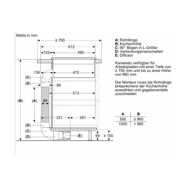 Siemens ED811FGA7iQ500 Induktionskochfeld mit Dunstabzug und Flachkanal 90 °vertikal L (ED811FQ15E+HZ9VDSB2), 80cm breit, rahmenlos, powerBoost, Schwarz