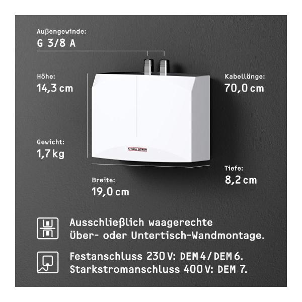 STIEBEL ELTRON DEM 6 Mini-Durchlauferhitzer fürs Handwaschbecken, elektronisch, EEK: A, 5,7 kW, Festanschluss 230v, druckfest und drucklos (231215)