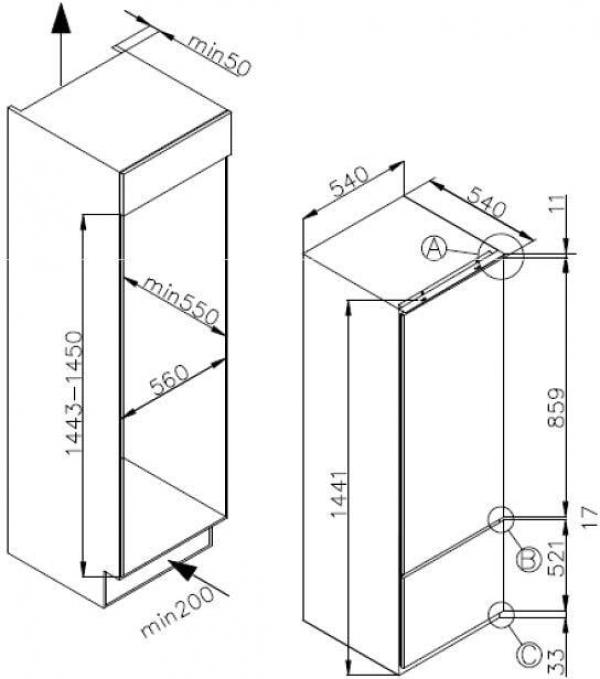 Respekta KGE144 Einbau Kühl-/Gefrierkombination, Nischenhöhe 145cm, 212L, Schlepptürtechnik, Thermostat, LED-Beleuchtung, Weiß