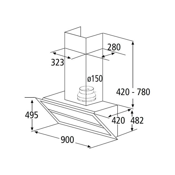 Wolkenstein W S4-90A++BTZ Schräghaube Einbaubreite 90 cm, Umluftbetrieb, Abluftbetrieb, Fettfilter spülmaschinenfest, Beleuchtungssystem verdeckter LED Strip, Touch Control, Display, Schwarz