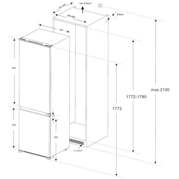 Wolkenstein WKG257.4NF EB Einbau Kühl-Gefrierkombination, 54 cm breit, Nischenhöhe 178 cm, 246L, NoFrost, Schlepptürtechnik, Gemüseschublade