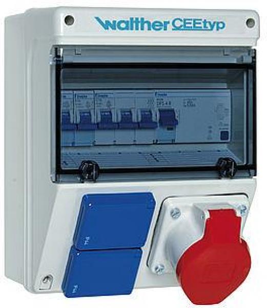 ARDEBO.de Walther Werke (6920117) Kunststoff-Steckdosenkombination in: 40A mit einem RCD TypA, 3 MCBs, einem CEE-Abgang 16A, 2 Schukos und Anschluss bis 25qmm 10P