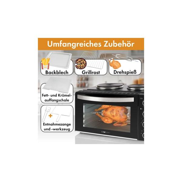 Clatronic KK 3786 Miniküche, 3100 W, 28 L, 2 Kochplatten, mit Backofen, Drehspieß, schwarz (263984)