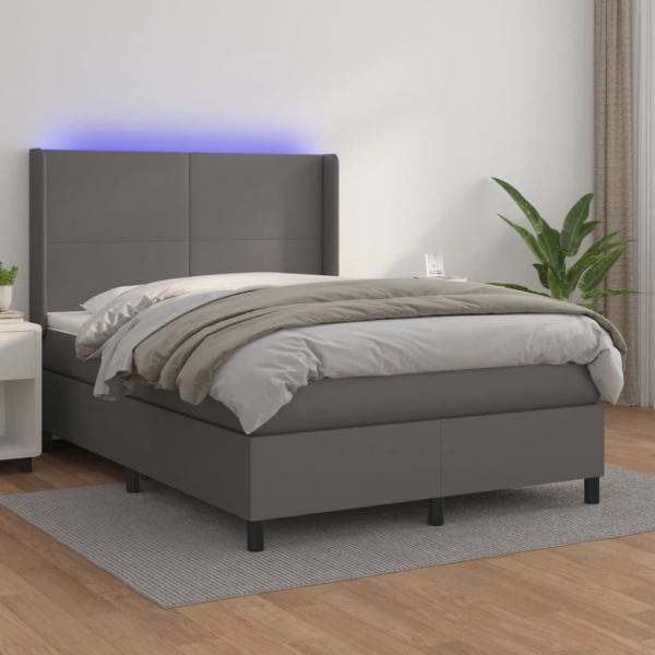 ARDEBO.de - Boxspringbett mit Matratze & LED Grau 140x200 cm Kunstleder