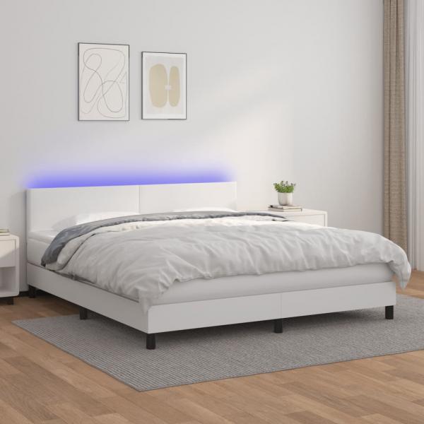 ARDEBO.de - Boxspringbett mit Matratze & LED Weiß 160x200 cm Kunstleder