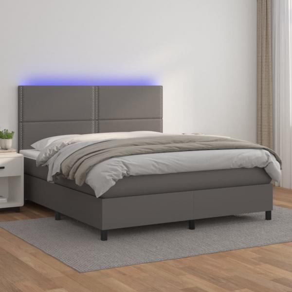 ARDEBO.de - Boxspringbett mit Matratze & LED Grau 160x200 cm Kunstleder