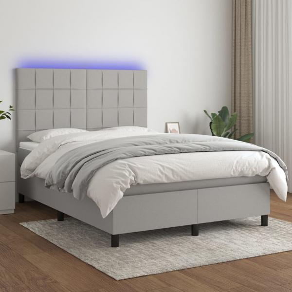 ARDEBO.de - Boxspringbett mit Matratze & LED Hellgrau 140x200 cm Stoff