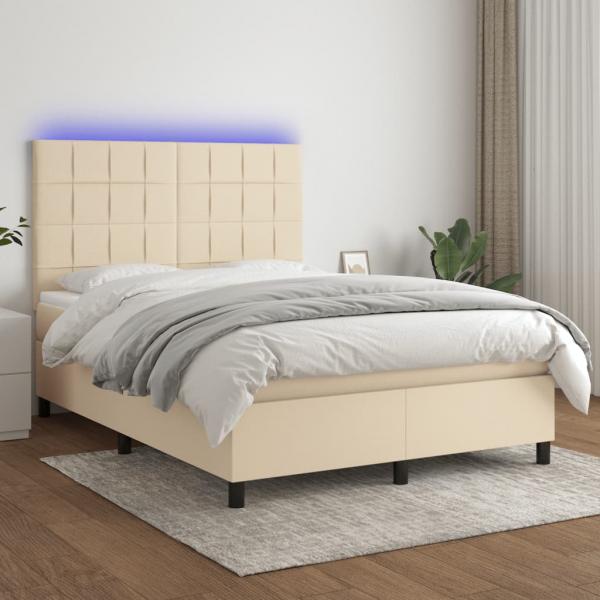 ARDEBO.de - Boxspringbett mit Matratze & LED Creme 140x190 cm Stoff