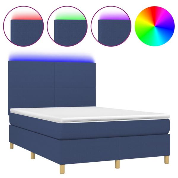 Boxspringbett mit Matratze & LED Blau 140x200 cm Stoff