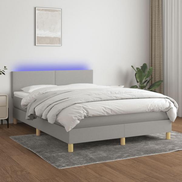 ARDEBO.de - Boxspringbett mit Matratze & LED Hellgrau 140x200 cm Stoff