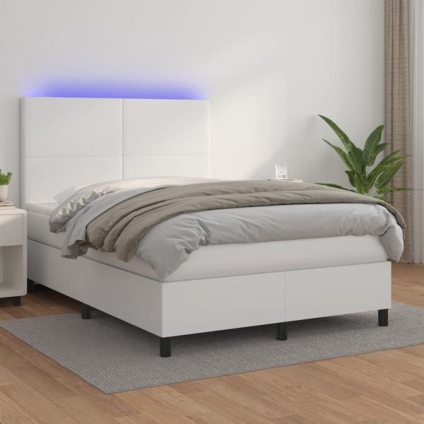 ARDEBO.de - Boxspringbett mit Matratze & LED Weiß 140x200 cm Kunstleder