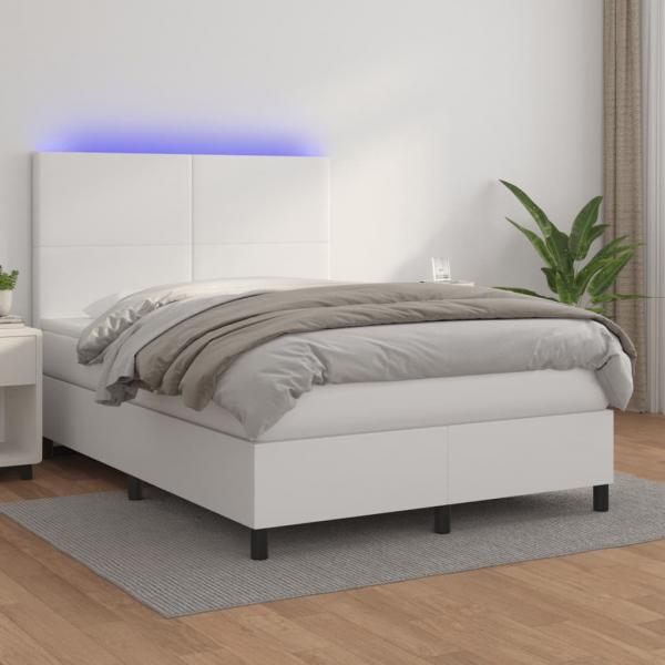 ARDEBO.de - Boxspringbett mit Matratze & LED Weiß 140x190 cm Kunstleder