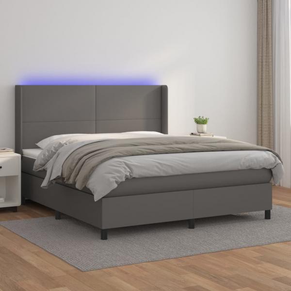 ARDEBO.de - Boxspringbett mit Matratze & LED Grau 160x200 cm Kunstleder