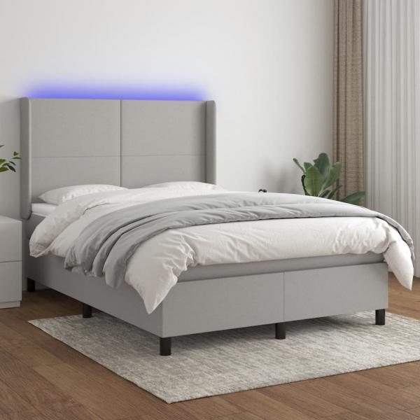 ARDEBO.de - Boxspringbett mit Matratze & LED Hellgrau 140x190 cm Stoff