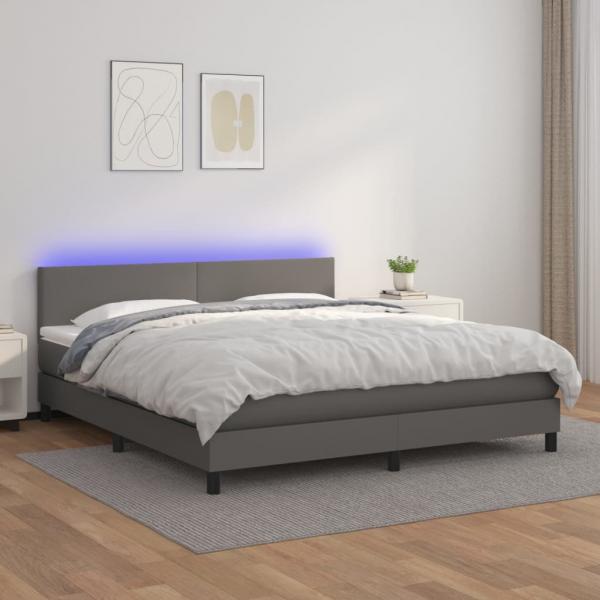 ARDEBO.de - Boxspringbett mit Matratze & LED Grau 160x200 cm Kunstleder