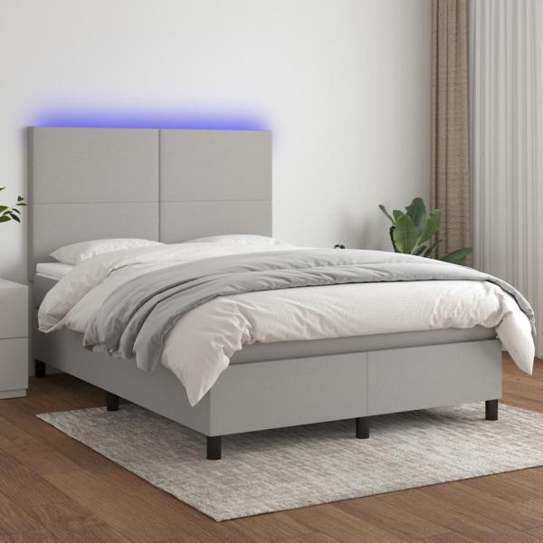 ARDEBO.de - Boxspringbett mit Matratze & LED Hellgrau 140x190 cm Stoff