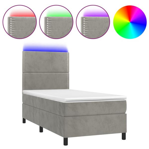 Boxspringbett mit Matratze & LED Hellgrau 90x190 cm Samt