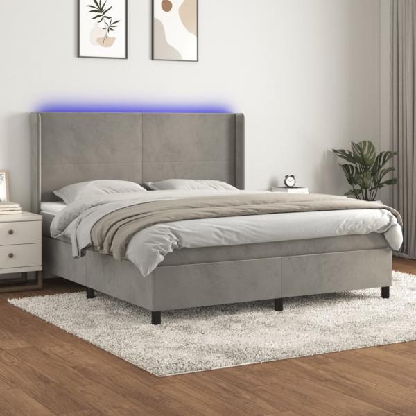 ARDEBO.de - Boxspringbett mit Matratze & LED Hellgrau 180x200 cm Samt