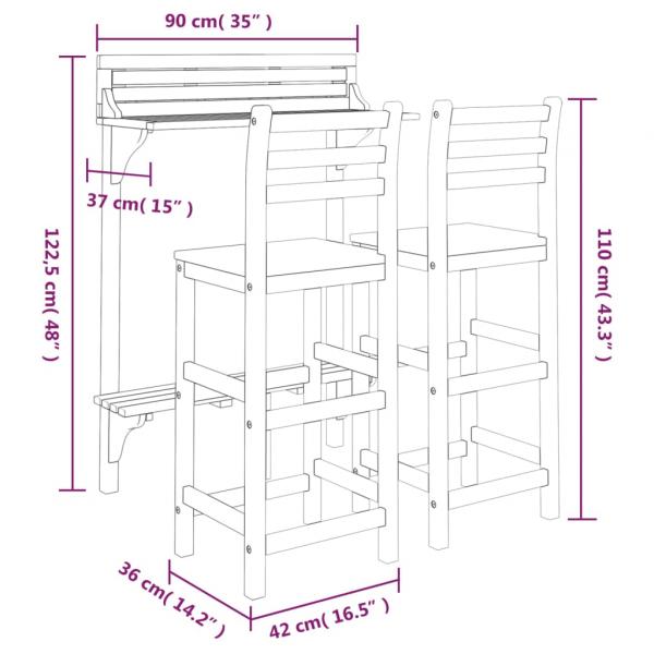 3-tlg. Balkonbar-Set Massivholz Akazie