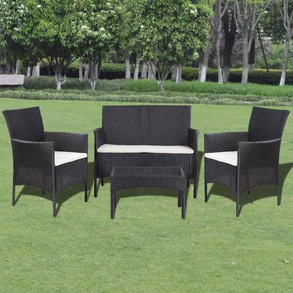 4-tlg. Garten-Lounge-Set mit Auflagen Poly Rattan Schwarz