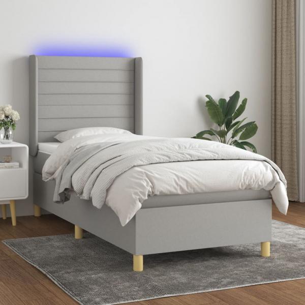 ARDEBO.de - Boxspringbett mit Matratze & LED Hellgrau 90x200 cm Stoff