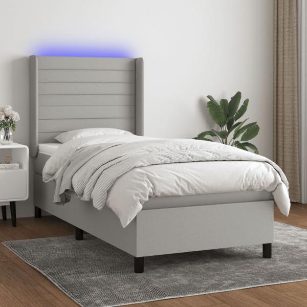 ARDEBO.de - Boxspringbett mit Matratze & LED Hellgrau 90x200 cm Stoff