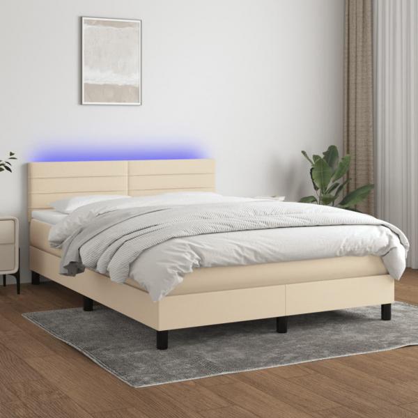 ARDEBO.de - Boxspringbett mit Matratze & LED Creme 140x190 cm Stoff