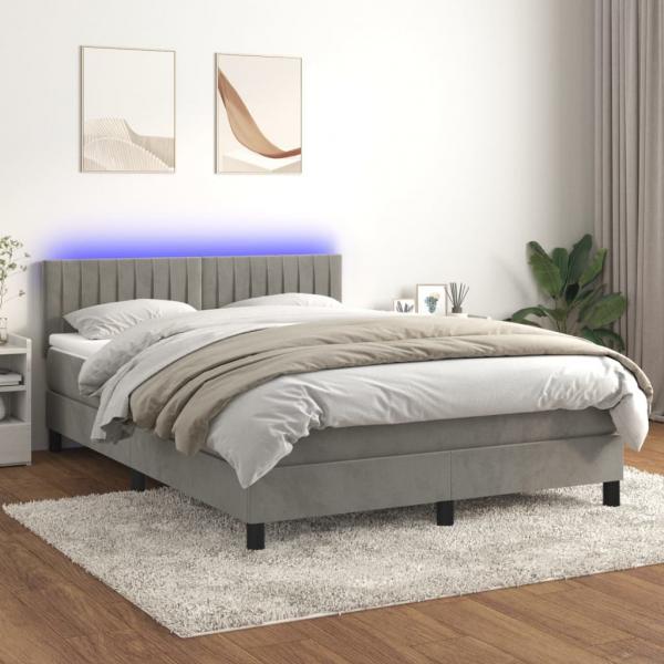 ARDEBO.de - Boxspringbett mit Matratze & LED Hellgrau 140x200 cm Samt