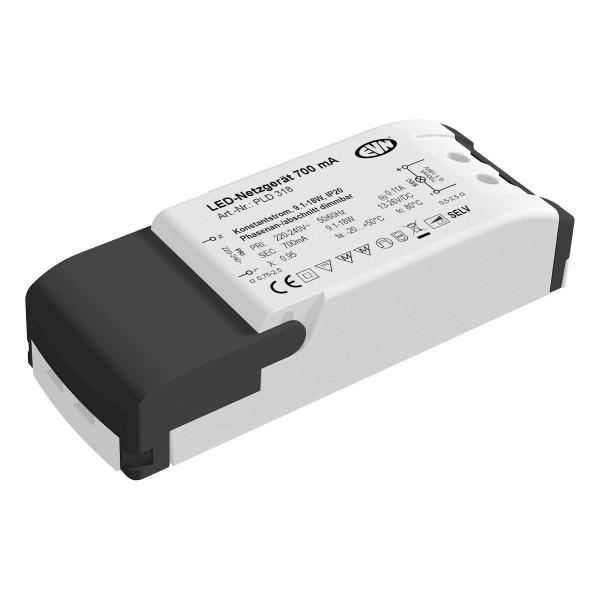 ARDEBO.de EVN Netzgerät 700mA - 9,1-18W - IP20 - Primär: 220-240V/AC dimmbar mit Phasenan- und Phasenabschnitt-Dimmer (PLD318)