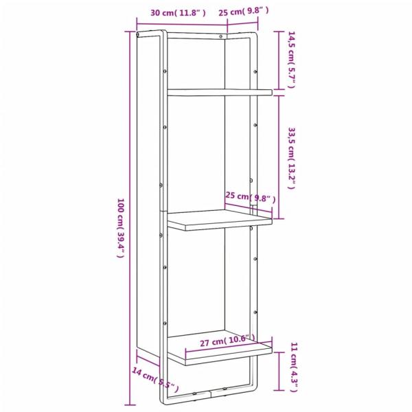 Wandregal 3 Fächer Grau Sonoma 30x25x100 cm Holzwerkstoff