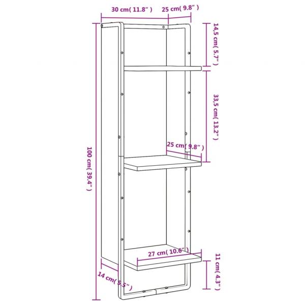 Wandregal 3 Fächer Braun Eichen-Optik 30x25x100cm Holzwerkstoff