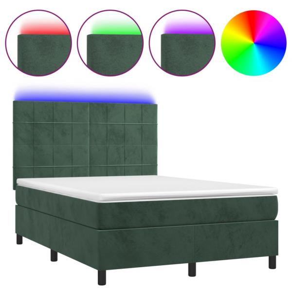 Boxspringbett mit Matratze & LED Dunkelgrün 140x190 cm Samt