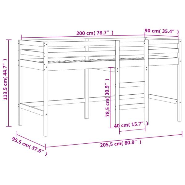 Kinderhochbett mit Leiter Schwarz 90x200 cm Massivholz Kiefer